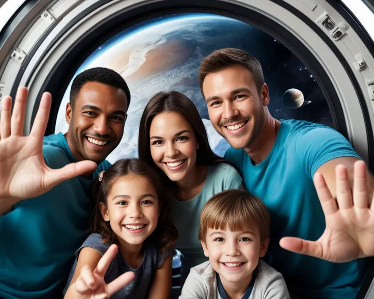 picture of a family portrait taken inside a space ship, in front of a window showing a beautiful planet in space, high quality, ultra-detailed, dramatic angle, big smile, perfect hands, different skin colors,