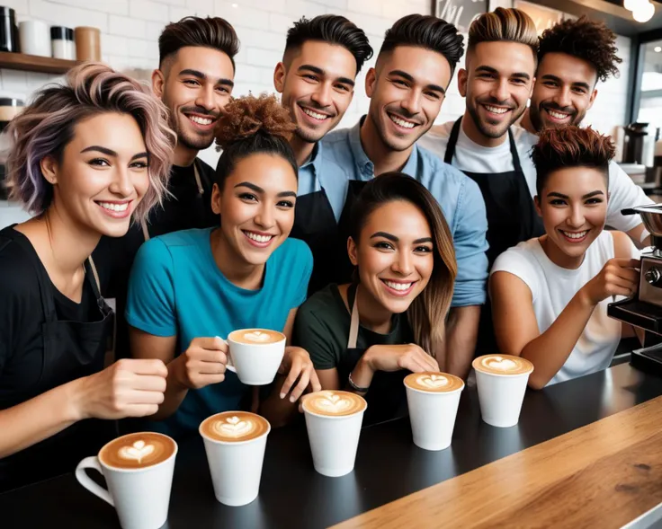 line of people serving coffee behind a counter, (different faces, different hair styles and colors, different body types, different skin color), high quality, ultra-detailed, dramatic angle, big sly smile, perfect hands,