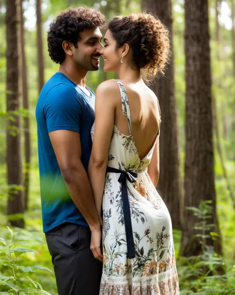 ((a European woman with brown curly hair wearing a thin sun dress standing with a Indian man looking at each other)), romantic forest background, high quality, ultra-detailed, dramatic angle, sly smile,