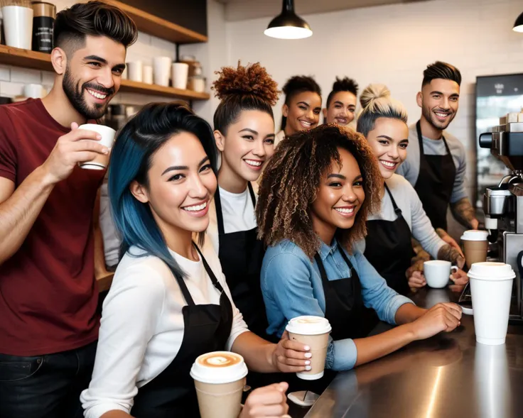 line of people serving coffee behind a counter, (different faces, different hair styles and colors, different body types, different skin color), high quality, ultra-detailed, dramatic angle, big sly smile, perfect hands,