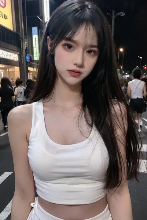(8k, original photo, best quality, Masterpiece: 1.3), (realistic, realistic: 1.37), (night), (Looking at the audience: 1.331), Posing, Tokyo street, Night City View, Cyberpunk City, soft light, 1 girl, extremely beautiful face, ((Perfect lively breasts)), (Big boobs: 1.5), put down hands, random hairstyle, ((pink long hair)), random expression, big eyes, small belly,(((White tank top))), beautiful face, beautiful eyes, <lora:last:0.8>