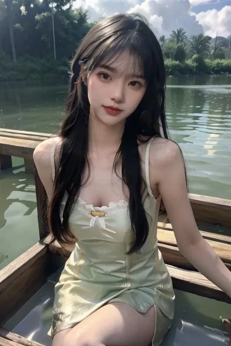 Sunlight, atmosphere, rich details, shot from above, shot from below, detailed background, beautiful sky, floating hair, perfect face, exquisite facial features, high details, smile, Fisheye lens lens, dynamic angle, dynamic posture, Ancient Chinese landscapes, Chinese architecture, Su Di, poetry, Qingming, will leave dancing, elegantly, blank, white and light green, with a combination of Morgan colors, Qiu Ying's painting style, And high end color matching A beautiful girl sitting on a bamboo raft in the water, swimming downstream, eating a Chinese qipao and a thin gauze short qipao A person on the ship Long hair Pond, Huge lotus, rain, rain, bright light, green color, abstract pictures, Surrealism, clear background, clear outline light Edge light, fantasy, spotted light, flat illustration, 8k,<lora:last:0.8>