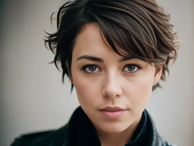 photograph of woman <aubreyplazaface> with short hair, messy hair style, short hair style, (a character portrait by Alayna Lemmer), wallpaper, poster, sharp focus, insanely detailed, lush detail, max detail, 4k uhd, masterpiece, hard edge, studio portrait, studio photography Leica M2, Summarit 50mm Lens, f/1.5, #myportfolio, 500px
