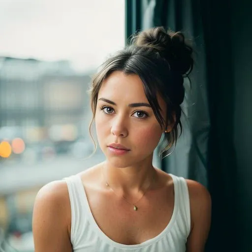 RAW photograph (portrait) of <aubreyplazaface> a 22 yo woman, with messy bun hair style, light brown hair, layered hair style, (background is a bedroom window) wallpaper, poster, sharp focus, insanely detailed, lush detail, perfectionism, max detail, 4k, 8k, HD, UHD, masterpiece, hard edge, studio portrait, studio photography Leica M2, sigma 50mm Lens, f/5.6, #myportfolio, 500px
