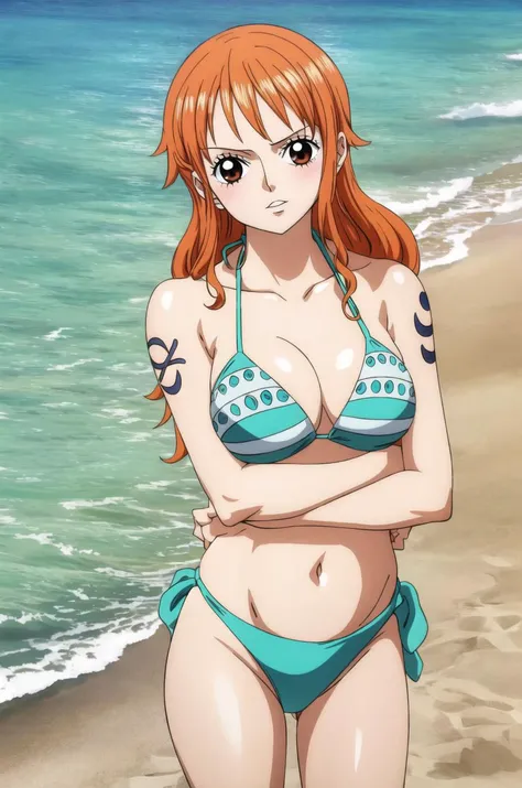 masterpiece, best quality, 1girl, looking at viewer, one piece, namiOP, bikini top, bikini bottom, solo, <lora:namiOP:1>, beach, cowboy shot, pose, <lora:onePieceWanoSagaStyle_v2Offset:0.6> wanostyle,