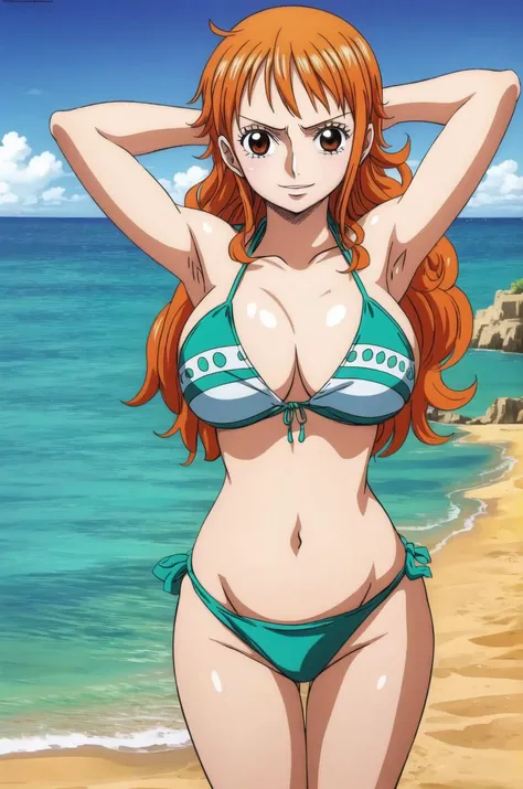Nami from one piece, Sleeping on bed, realistic, she is wearing bikini underwear. She has a nice ass