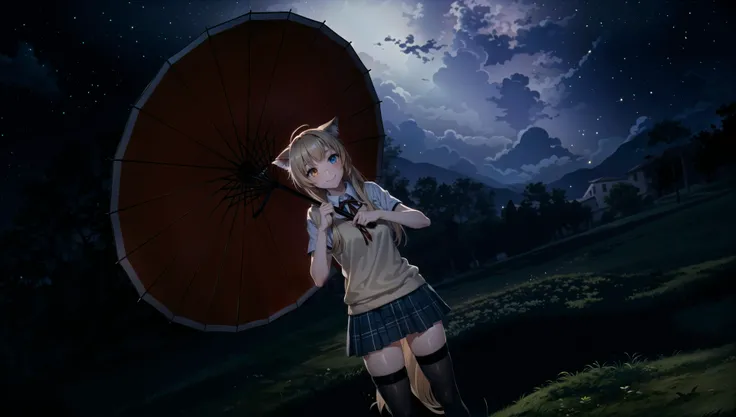 (masterpiece), highly detailed background, soft shadows, diffused lighting, night time, long hair bangs, night sky, stars, (anime art), blonder, japanese umbrella, gentle smile, (holding an umbrella), school uniform, tartan, black thighhighs, ribbon, heterochromia, cat girl, flora print, flora embroidery, <lora:xsarchitectural-14Openingenvironment:0.4> <lora:improve_backgrounds:0.4> <lora:more_details:0.3>