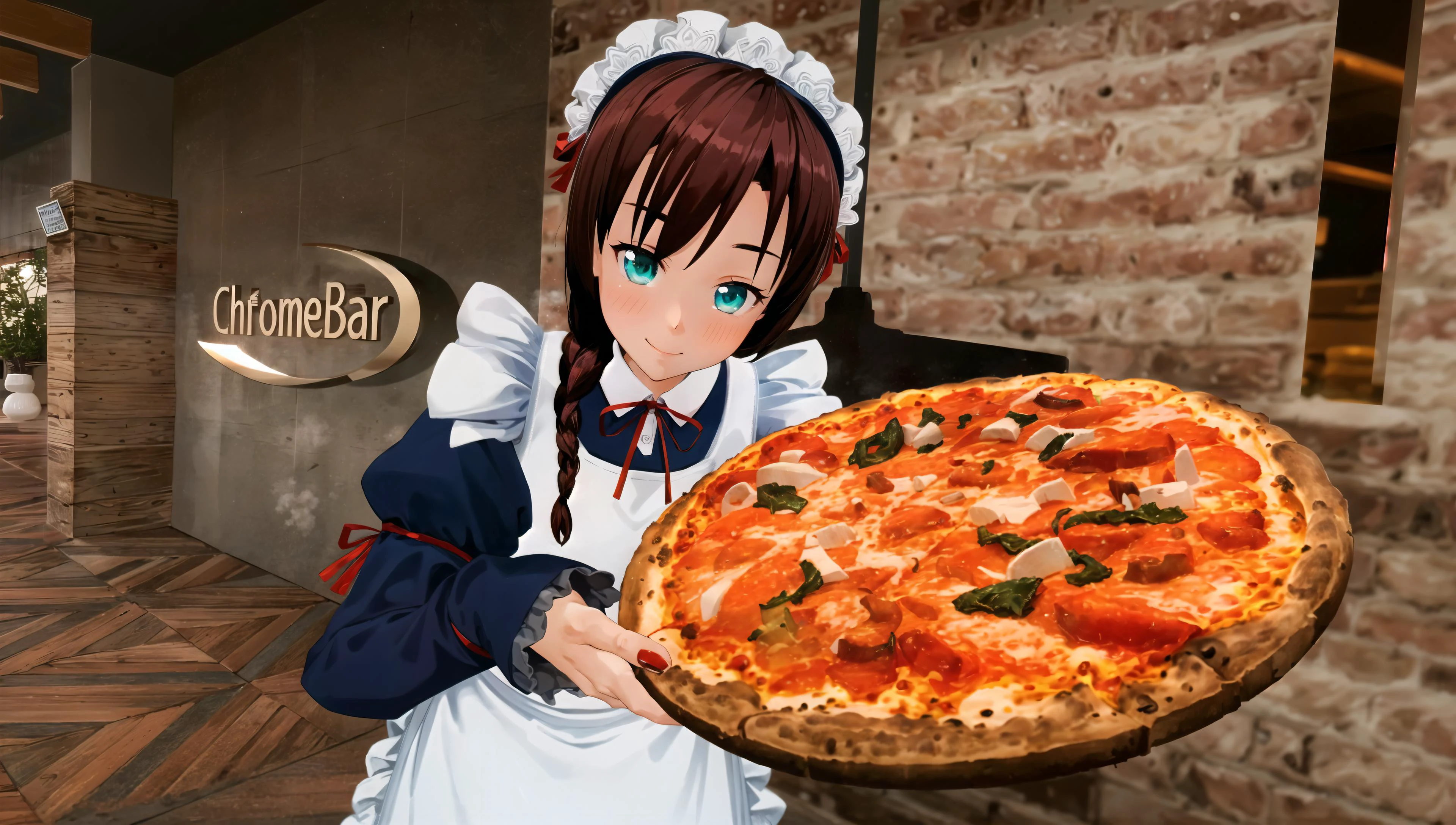 (mature), (milf),(masterpiece), highly detailed background, soft shadows, diffused lighting, night time, maid outfit, ribbons, brick wall, coffee, food, jam, wood shelves, (looking at the viewer:1.5), open hand, stairs, wooden floor, gentle smile, lipstick, short braid, anime art, flower pot, (finger nails), (steam) flowers, stool, (glowing eyes:1.5),cloth, (highly detailed hands), (highly detailed fingers), <lora:improve_backgrounds:0.4> <lora:more_details:0.3> <lora:é£ç©:0.4>, (pizza:1.5)