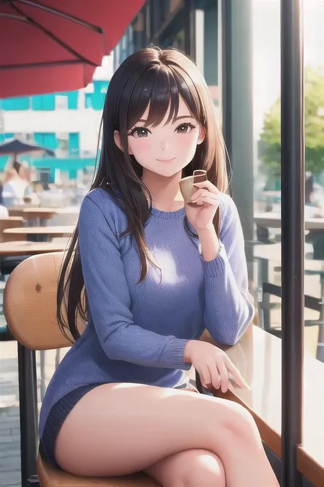 1girl, perfect smooth skin, sitting, in a cafe, cozy atmosphere, on a sunny day,