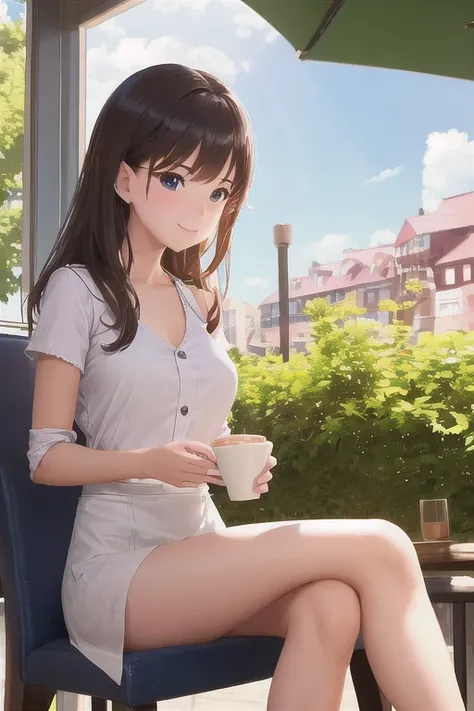 1girl, perfect smooth skin, sitting, in a cafe, cozy atmosphere, on a sunny day,