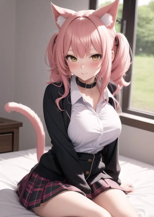best quality, masterpiece, highres, cute anime hentai girl, blush blushing, seductive, school uniform, tartan, neko, nekko, collar, tail, ears,