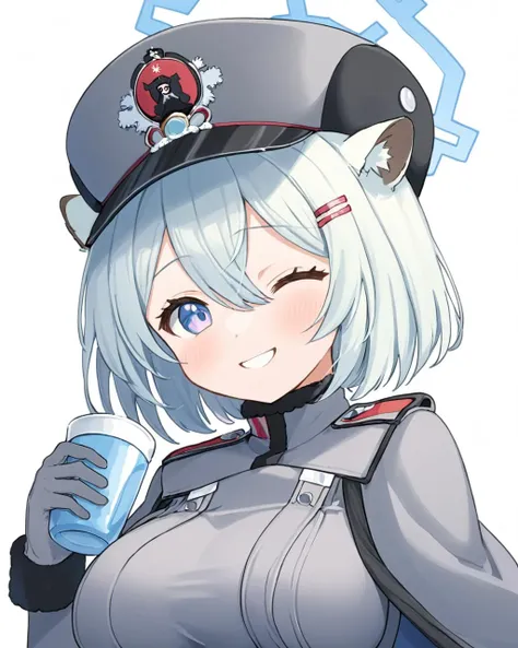 shigure \(blue archive\),1girl, halo, solo, one_eye_closed, white_background, simple_background, hairclip, upper_body, grey_gloves, holding_cup, looking_at_viewer, alcohol, grin, epaulettes, cropped_torso, military, blush, speech_bubble, grey_headwear, grey_jacket, ice, military_uniform, ushanka, large_breasts, light_blush
<lora:shigure_(blue_archive)_image979_2023-11-28-000015:1>halo. gorgeous,key visual, vibrant, studio anime,award-winning, professional, highly detailed,high budget, cinemascope