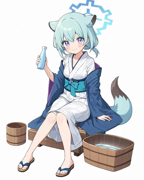 shigure \(blue archive\),1girl, solo, halo, official_alternate_costume, white_background, bath_yukata, sandals, tokkuri, looking_at_viewer, simple_background, sitting, smile, tail, white_kimono, blush, holding_bottle, wooden_bucket, full_body, obi, wide_sleeves
<lora:shigure_(blue_archive)_image979_2023-11-28-000015:1>halo. gorgeous,key visual, vibrant, studio anime,award-winning, professional, highly detailed,high budget, cinemascope
