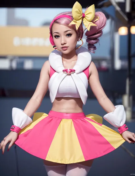 design, interrior, interriordesign (masterpiece, best quality, hi res:1.2), 1girl, solo, concert, <lora:Yancy Pokemon (pkyancy) (yancyidol)-9:0.7>, yancyidol, sleeveless,  pink skirt, breasts, ribbons, side drill, drill hair, yellow bow, headset, jewelery, midriff, white pantyhose, hairband