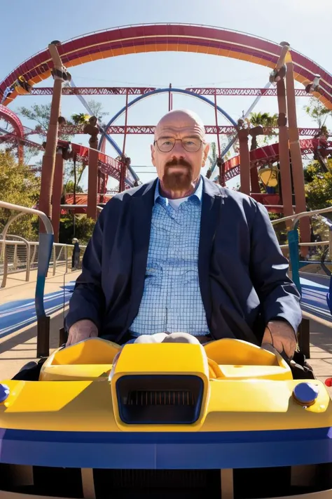 waltbrba <lora:HeisenbergDoguMini:0.85>,at an amusement park, (riding on a rollercoaster:1.25), going fast, zoom blur , solo, portrait shot, 8k uhd, dslr, high quality, film grain, Fujifilm XT3