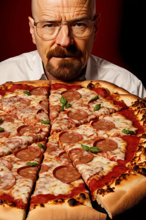 waltbrba <lora:HeisenbergDoguMini:0.84>, in a restaurant, (pizza on plate:1.25), , solo, portrait shot, 8k uhd, dslr, high quality, film grain, Fujifilm XT3