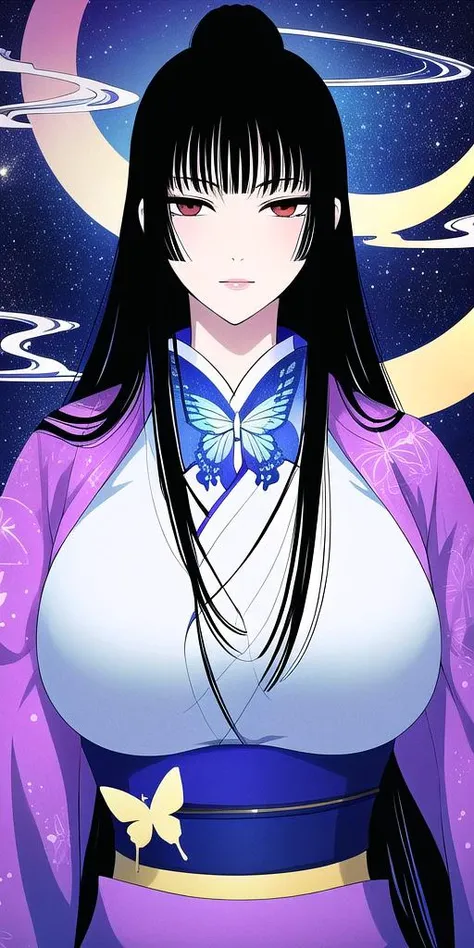 <lora:ichihara_yuukoV1:0.65> ichihara_yuuko, huge_breasts, kimono, butterfly, starry_sky, portrait, crescent, smoke,, masterpiece, best quality, detailed face, detailed eyes, highres,