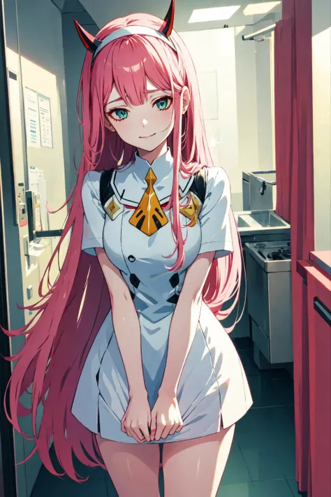 zerotwo, 1girl, solo, blush, rose blush, indoor, long hair, looking at viewer, smile, closed mouth, medium breasts, very long hair, green eyes, pink hair, hairband, horns, shiny, shiny hair, aqua eyes, straight hair, :p, white hairband, double-breasted, honey, masterpiece, realistic, anime, <lora:zerotwo:1>, <lora:skirt_tug_v0.1:1.0>
clothes tug, nurse, <lora:infirmary_v0.1:1> infirmary,best quality, highly detailed