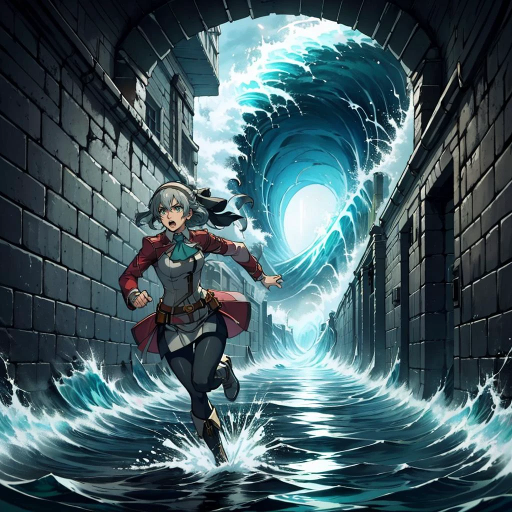 masterpiece, best quality, <lora:waterDungeon:0.4> <lora:elie-nvwls-v2-zero:1> elie macdowell, green eyes, hairband, blue ascot, hair ribbon, long sleeves, belt, pantyhose, white boots, water,dark,blue theme,brick wall,indoors,(((runawayTsunami,running))),flood in background,submerged, yelling, scared
