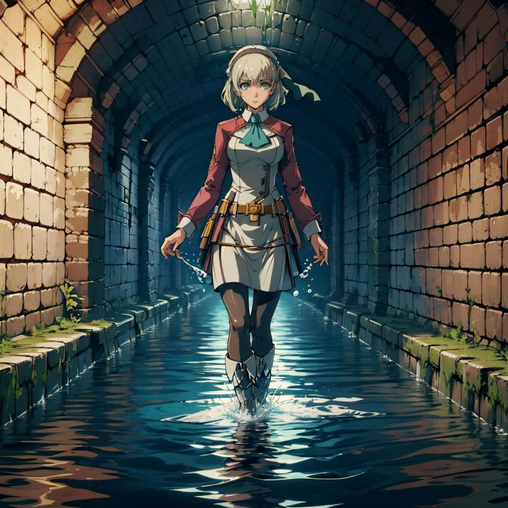 masterpiece, best quality, <lora:waterDungeon:0.4> <lora:elie-nvwls-v2-zero:1> elie macdowell, green eyes, hairband, blue ascot, hair ribbon, long sleeves, belt, pantyhose, white boots, water,dark,blue theme,(((wadingDungeon,wading, walking, walking on liquid))),