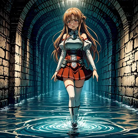 <lora:LCM_LoRA_Weights_SD15:1>,masterpiece,best quality,highly detailed,1girl,solo,scared,panicking,constricted pupils,screaming,raised eyebrows,wide-eyed,crying,tears,
<lora:asuna_(sao)_v1:0.7>,aaasuna,long hair,brown hair,braid,brown eyes,bare shoulders,armor,breastplate,white sleeves,detached sleeves,red skirt,pleated skirt,white thighhighs,
BREAK
<lora:waterDungeon:0.4>,water,dark,blue theme,(((wadingDungeon,wading, walking, walking on liquid))),