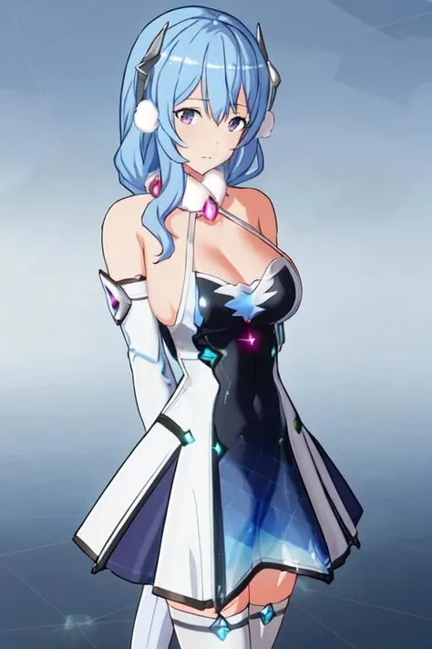 1girl, solo, masterpiece, best quality, <lora:poseidon2:0.7>, poseidon, arctic abyss, arms behind back, dress, looking at viewer, cleavage, white thighhighs,