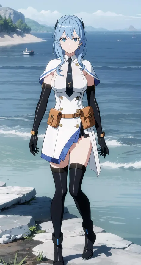 <lora:poseidon5:0.65>, poseidon, tidal song, 1girl, solo, outdoors, masterpiece, best quality, looking at viewer, large breasts, black elbow gloves, white dress, boots, black thighhighs, necktie, medium breasts, belt, capelet, pouch,