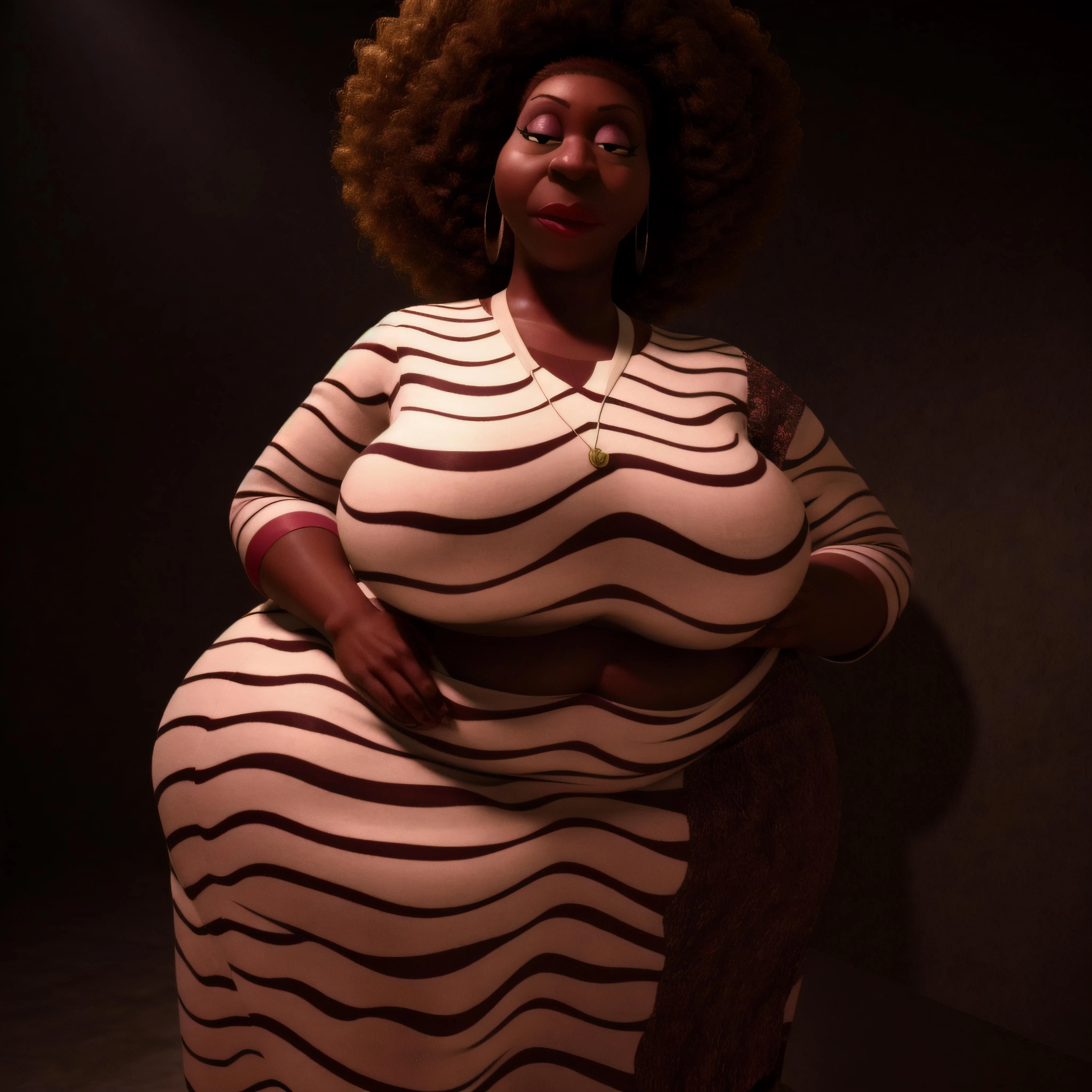 <lora:Dorothea Williams:0.7> 3d cartoon, anatomically correct, masterpiece, best high quality, ultra details, realistic, RAW Photo, perfect anatomy, 4k, 8k, quality lighting, detailed hands, detailed eyes, (solo:1.1), plump, middle-aged, woman, black white striped dress, earrings, necklace, black afro hair, dark skin, massive thighs, massive hips, massive breasts, massive ass, shaggy, cellulite, wrinkles <lora:BGV5EX:1> <lora:add_detail:1>