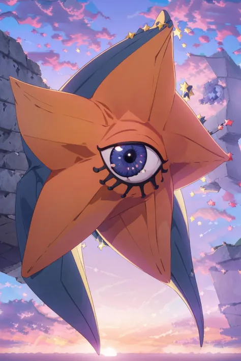 masterpiece, best quality, solo, looking at viewer, <lora:DecarabiaV2_Fp:1>, decarabiasmt, (no humans:1.6) , pokemon (creature), one-eyed, (star:1.6), orange skin, <lora:FE3H S Rank:1>, sky, clouds, sunset, pov, floating,