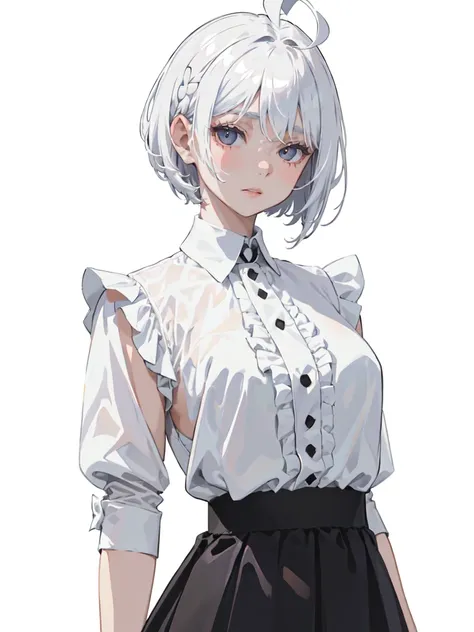 ((masterpiece, best quality)), (1girl), (solo), (female focus), (ahoge, white hair, short hair), black eyes, ((white shirt), (buttoned shirt)), ((black skirt), (short skirt)), standing, white background, arms behind back,