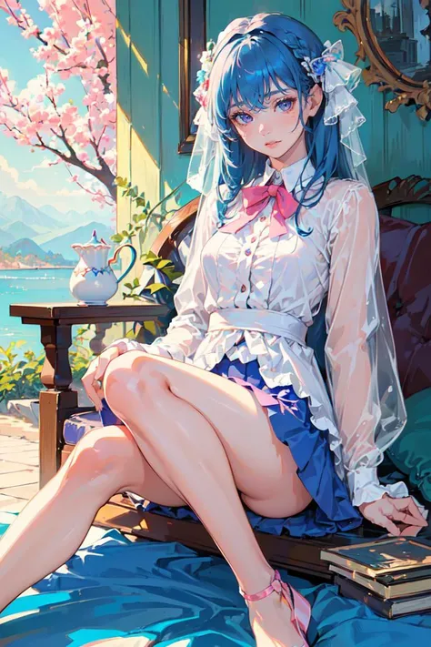 (finely detailed beautiful eyes and detailed face,masterpiece sidelighting,masterpiece,best quality,detailed,high resolution illustration),
(1girl,whole body,bishoujo,lustrous skin,looking down,looking at viewer),
(sky blue hair,pink eyes,short skirt,ribbon,button shirt)