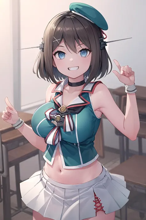 beautiful, (masterpiece:1.4), (best quality:1.4), (shiny skin), extremely detailed face, perfect lighting, 1girl, solo, standing, cowboy shot, white background,
<lora:kancolle_maya_kaini-09:1>, maya kai ni, x hair ornament, mini hat, beret, headgear, school uniform, sleeveless, white skirt, navel, large breasts, smile, grin,
