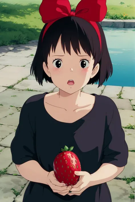 anime,ghibli style,
kiki \(majo no takkyuubin\),
1girl, :o, bangs, black eyes, black hair, black shirt, blush, bow, bow hairband, collarbone, day, fingernails, food, fruit, hair bow, hairband, holding, holding food, holding fruit, looking at viewer, open mouth, outdoors, red bow, red hairband, shirt, short hair, solo, strawberry, sunlight, upper body, water drop
, ((masterpiece))
<lora:ghibli_style_offset:1>