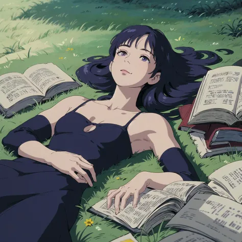 < realistic, chromatic aberration, cinematic light, finely detailed face)>, portrait, :), High neck dress, Long hair, Purple Eyes, disheveled hair, Small breasts,1girl,Lie on the grass and read a book<lora:studioGhibliStyle_offset:1> <lora:dalcefoNocopyV2_dalcefoNocopyV2:1>