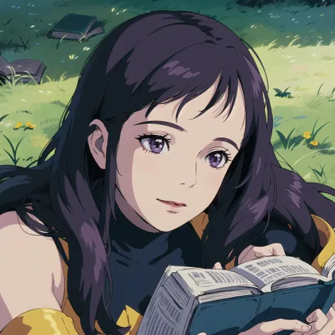 < realistic, chromatic aberration, cinematic light, finely detailed face)>, portrait, :), High neck dress, Long hair, Purple Eyes, disheveled hair, Small breasts,1girl,Lie on the grass and read a book<lora:studioGhibliStyle_offset:1> <lora:dalcefoNocopyV2_dalcefoNocopyV2:1>