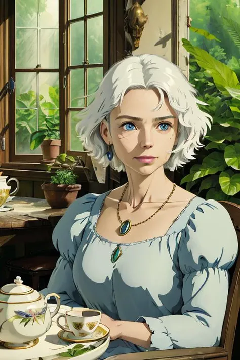 dalcefo, (realistic), (sunlight), ((finely detailed face)), (portrait), 1girl, solo, sitting, short hair, blue eyes, disheveled hair, Tea,Windows, lush greenery, furniture,white hair,birds,Necklace,flower, <lora:studioGhibliStyle_offset:1>