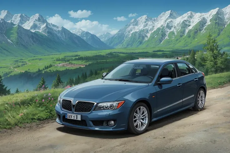 beautiful car parking in beautiful mountain aera <lora:studioGhibliStyle_v1:0.6>
