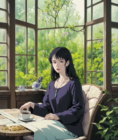 dalcefo, (realistic), (sunlight), ((finely detailed face)), (portrait), 1girl, solo,
sitting, long hair, purple eyes, disheveled hair,
Tea,Windows, lush greenery, furniture,black hair,birds,Necklace,flower,
<lora:studioGhibliStyle_offset:1>
