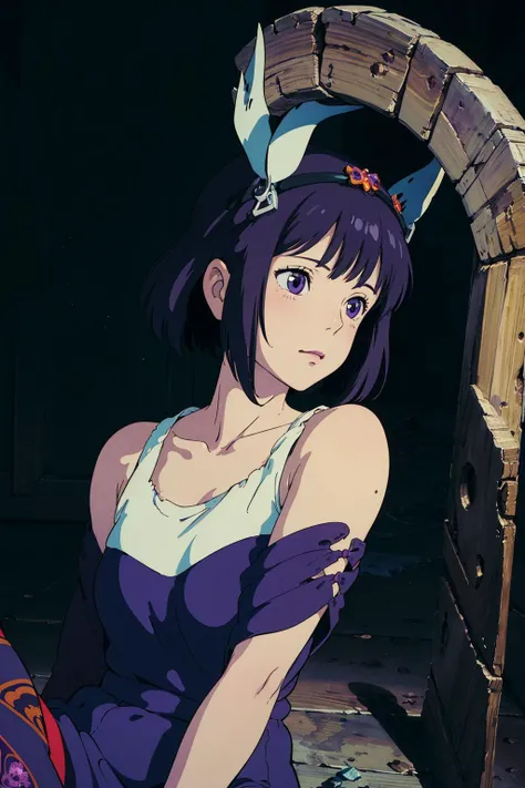 (((masterpiece))),(((best quality))),((ultra-detailed)),(((lots of details))),(beautiful detailed girl),((Epic Light and Shadow)),cinematic angle,oil painting,(illustration),(detailed light),((an extremely delicate and beautiful)),A girl was sitting in a dark environment. Behind her was a strange purple portal. The portal stretched out many tentacles and passed by the girl,(((Purple_Energy_Transfer_Gate))),bare_shoulders,portrait,Dark ray,(((Detail background))),(cute anime face),((Headdress)),((Beautiful accessories)),loungewear,cloak,<lora:ghibli_style_offset:1>,