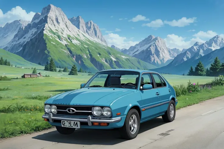 beautiful car parking in beautiful mountain aera <lora:studioGhibliStyle_v1:0.6>
