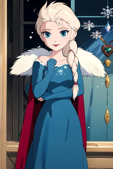 (masterpiece:1.4), (best qualit:1.4), (high resolution:1.4). Ghibli style. Dark cape, dark dress, elsa of arendelle, fur trim, single_braid, snowflake_pattern, smile, snow,<lora:elsa_of_arendelle_v1:1> <lora:Studio Ghibli Style LoRA:1>