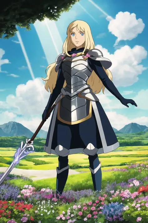 ultra detailed, masterful, high quality, illustration, 1 girl, standing, confident, proud, magical, anime, anime inspired, ghibli style, lux , luxanna crownguard, long blonde hair, blue and silver armor, glowing scepter, magical sphere of light in her hands, looking at it in wonder, golden eyes, serious expression, energy crackling around her, lush greenery, flowers, floating islands, clouds, blue sky with sunbeams, distant mountains, magical realm, <lora:studioGhibliStyle_v1:0.65>, <lora:luxannaCrownguardFrom_luxV1:0.8>