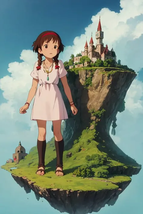 ghibli style, sheeta, 1girl, standing, red hairband, (brown hair:1.3), (twin braids:1.3), necklace, floating island, laputa