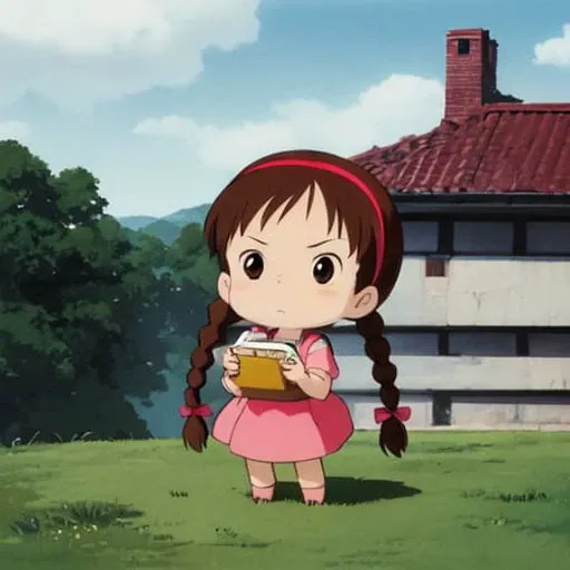 ghibli style, sheeta, chibi, 1girl, standing, red hairband, (brown hair:1.3), (twin braids:1.3),