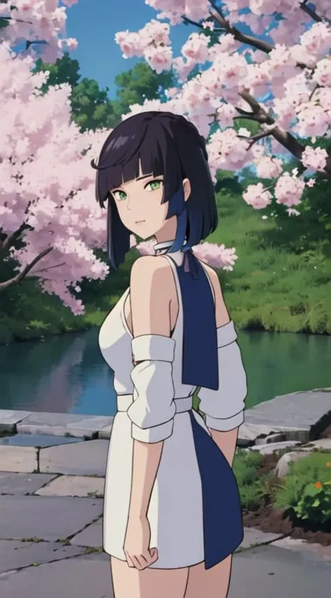 <lora:studioGhibliStyle_offset:1>, <lora:yelanLoraCollectionOf_yelanHard:1>, yelan \(genshin impact\), mature, adult, pink sakura trees in background, 1 girl, solo, upper body in frame, big breasts, white jacket, dark dress, dark hair with blue tips, green eyes, highly detailed, high res, 4k, 8k, looking at viewer,