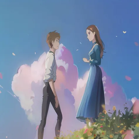 fingers, side of hand, masterpiece, 2 people, couple, date, posing for picture, sunflower field, path on the right, (girl on left, guy on right), unreal engine 5, 8k, hi-rez, ultradetalied, sketch, painting, studio ghibli, anime, manga, enhanced image clarity, raytracing, realistic light, normal boobs, unity, cel shading, highly detailed, beautiful, small details, ultra detailed, best quality, intricate, hyperrealism, sharp, digital illustration, detailed, intricate, 4k, 8k, trending on artstation, good anatomy, beautiful lighting, award-winning, cell shaded, beautiful lighting, raytracing, intricate details, moody, (illustration:1.1), highres, (extremely detailed CG, unity, 8k wallpaper:1.1), beautiful face, highly detailed face, <lora:studioGhibliStyle_offset:1>