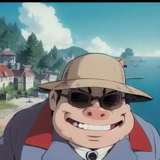 ghibli style, Porco Rosso, \(Porco Rosso\), 1guy, italian, handsome, (cheerful:1,5), (totoro teeth:1.2), (clenched teeth:1.3), moustache, fat, (pig snout:1.2), 40 y.o., halfbody, (white, spy coat, spy hat, sunglasses:1.5), looking at viewer, sea of decay crumbling buildings, outdoors, solo, tree, upper body, ((masterpiece)), horizon angle, village, sea, cumulonimbus clouds, cirrus clouds, castle backdrop, anime screencap <lora:studioGhibliStyle_offset:1>