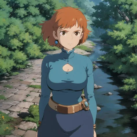 ghibli style, Nausicaa \(Nausicaa\), 1girl, 30 y.o., armlet, bangs, orange hair, Nausicaa outfit, breasts, earrings, floating hair, forest, brown eyes, jewelry, looking at viewer, medium breasts, sea of decay crumbling buildings,  outdoors, parted bangs, shirt, medium hair,  solo, tree, upper body, blue shirt , steampunk, ((masterpiece)), <lora:studioGhibliStyle_offset:1>