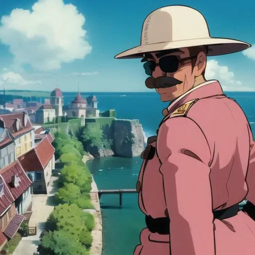 ghibli style, Porco Rosso, \(Porco Rosso\), 1guy, italian, (cheerful:1,5), moustache, fat, (pig snout:1.2), 40 y.o., halfbody, (white, spy coat, spy hat, sunglasses:1.5), looking at viewer, sea of decay crumbling buildings, outdoors, solo, tree, upper body, ((masterpiece)), horizon angle, village, sea, cumulonimbus clouds, cirrus clouds, castle backdrop, anime screencap <lora:studioGhibliStyle_offset:1>