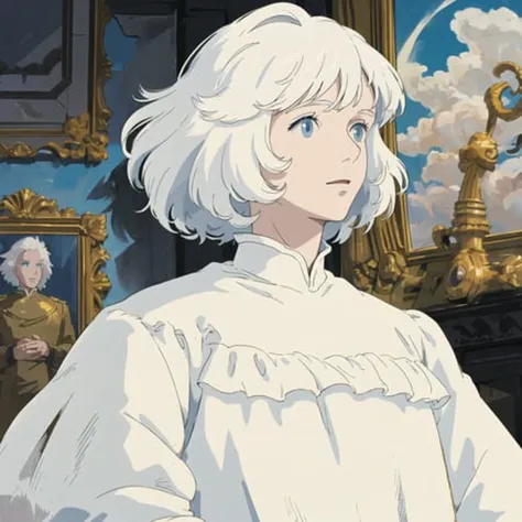 best quality, masterpiece,white hair, blue eyes, upper body<lora:studioGhibliStyle_offset:1>